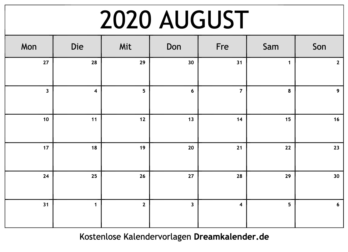  Kalender August 2020 