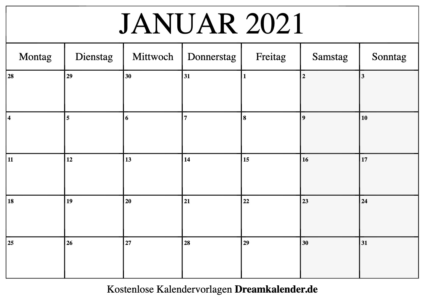 Kalender Januar 2021