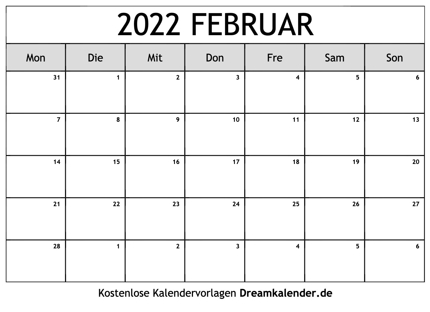 Kalender Februar 2022