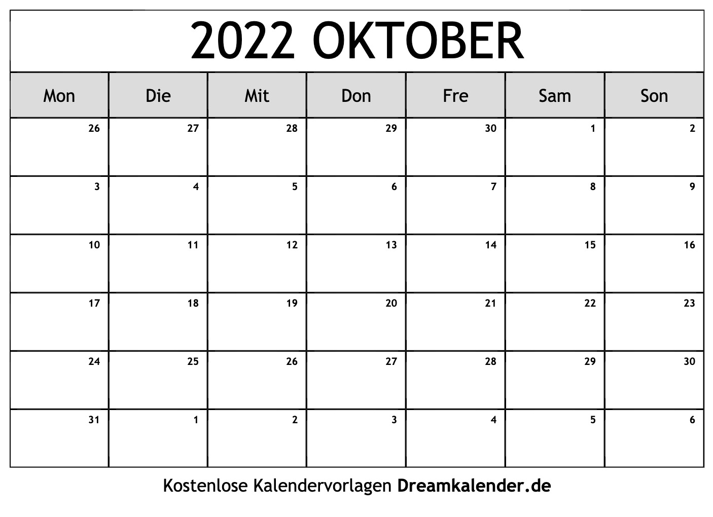  Kalender  Oktober  2022 