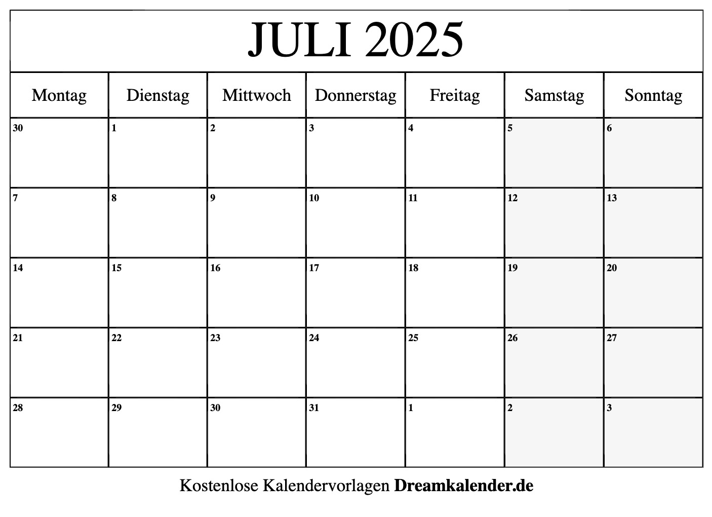 Kalender Juli 2025