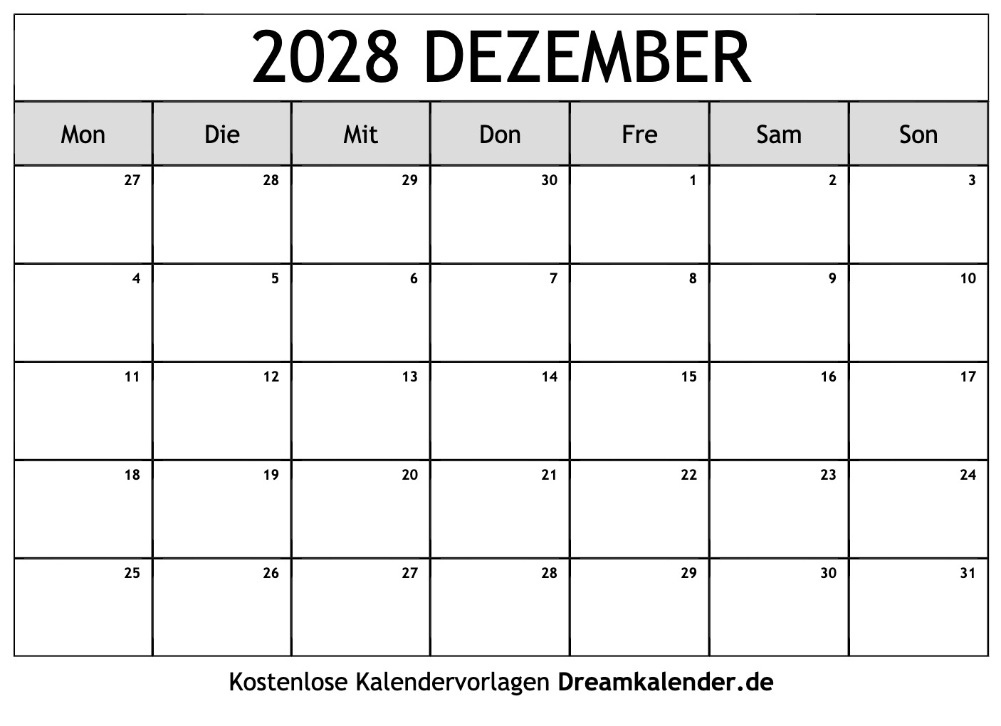 Kalender Dezember 2028