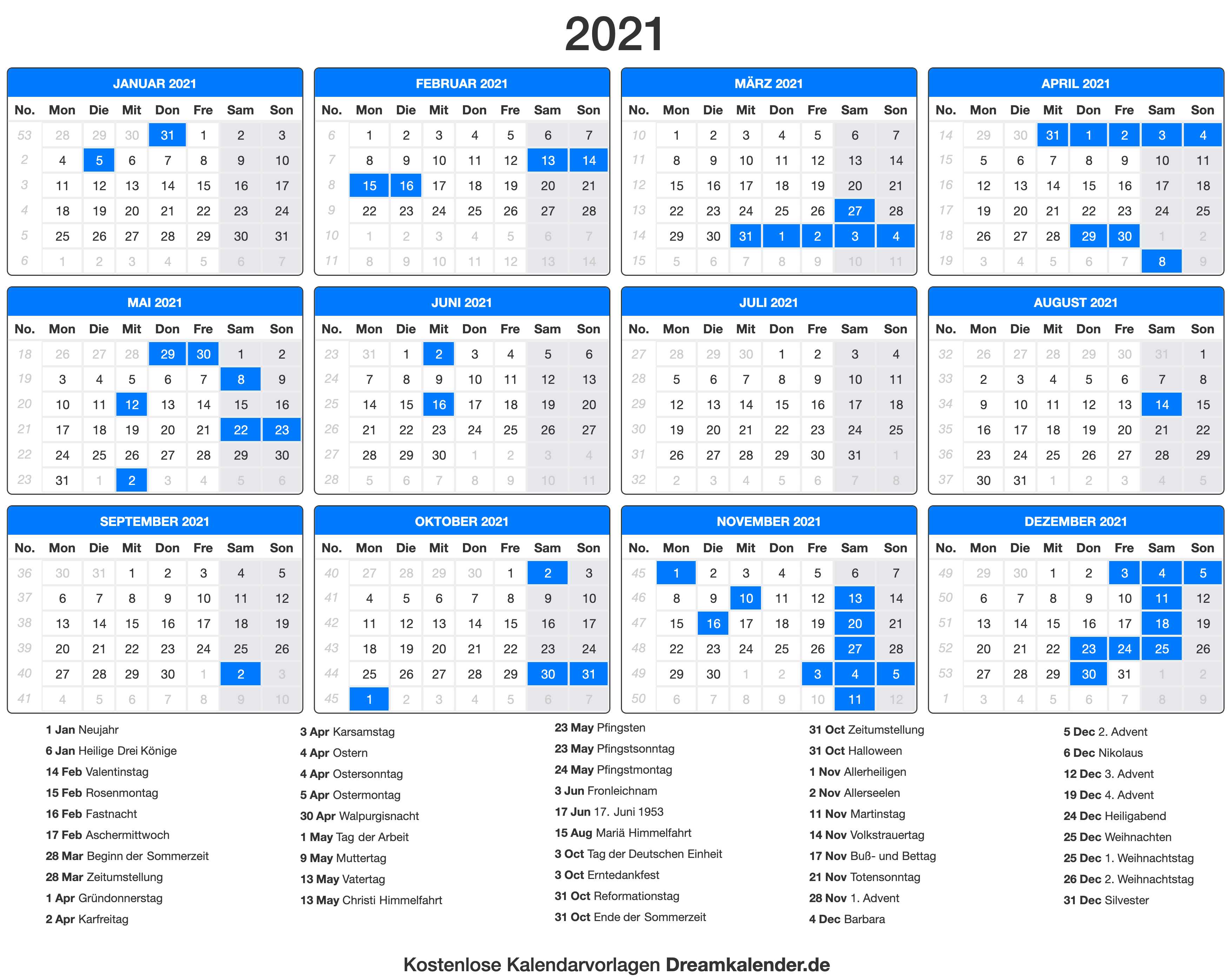 Druckbare Kalender 2021 - Dream Kalender