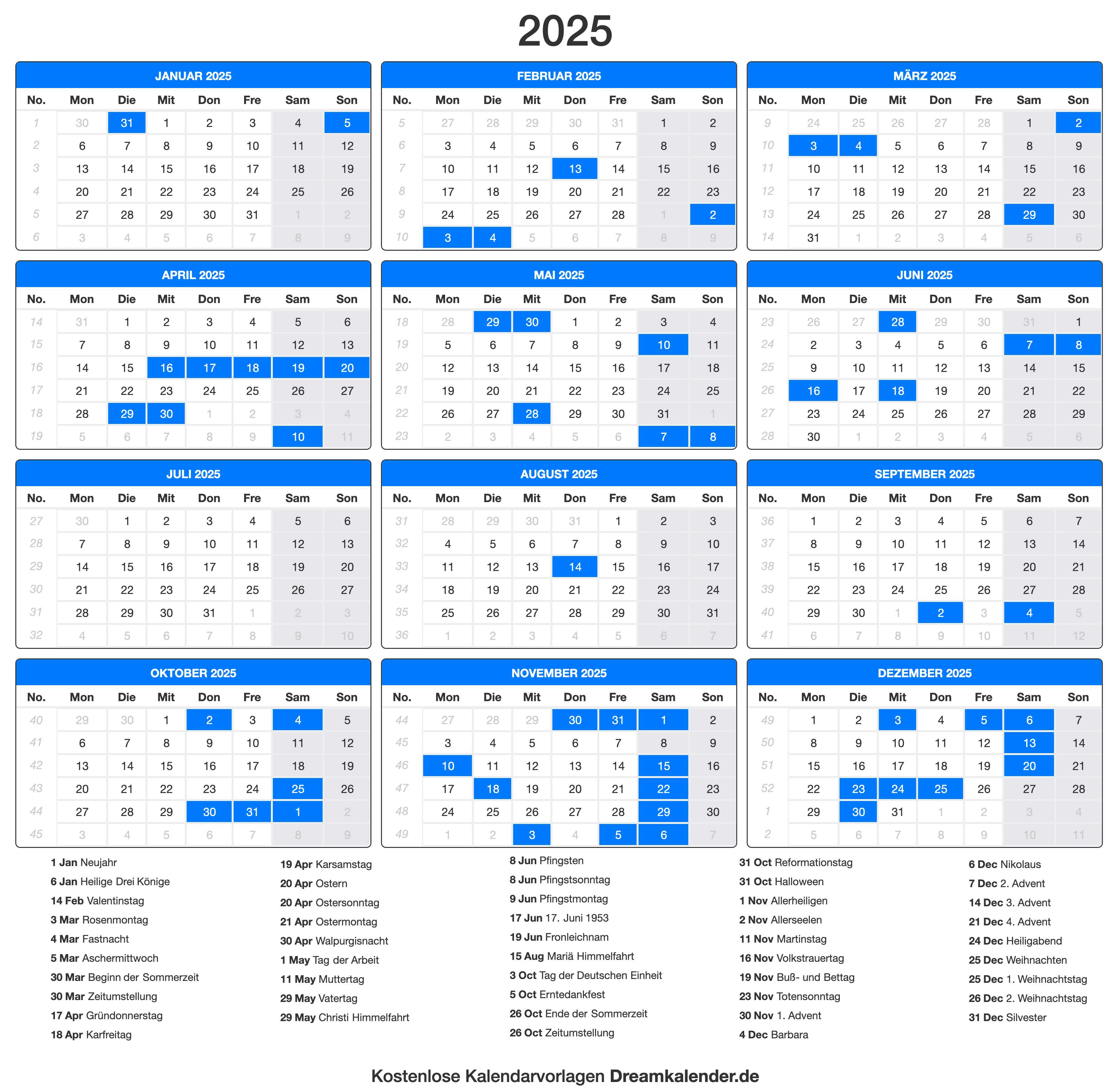 Druckbare Kalender 2025  Dream Kalender 