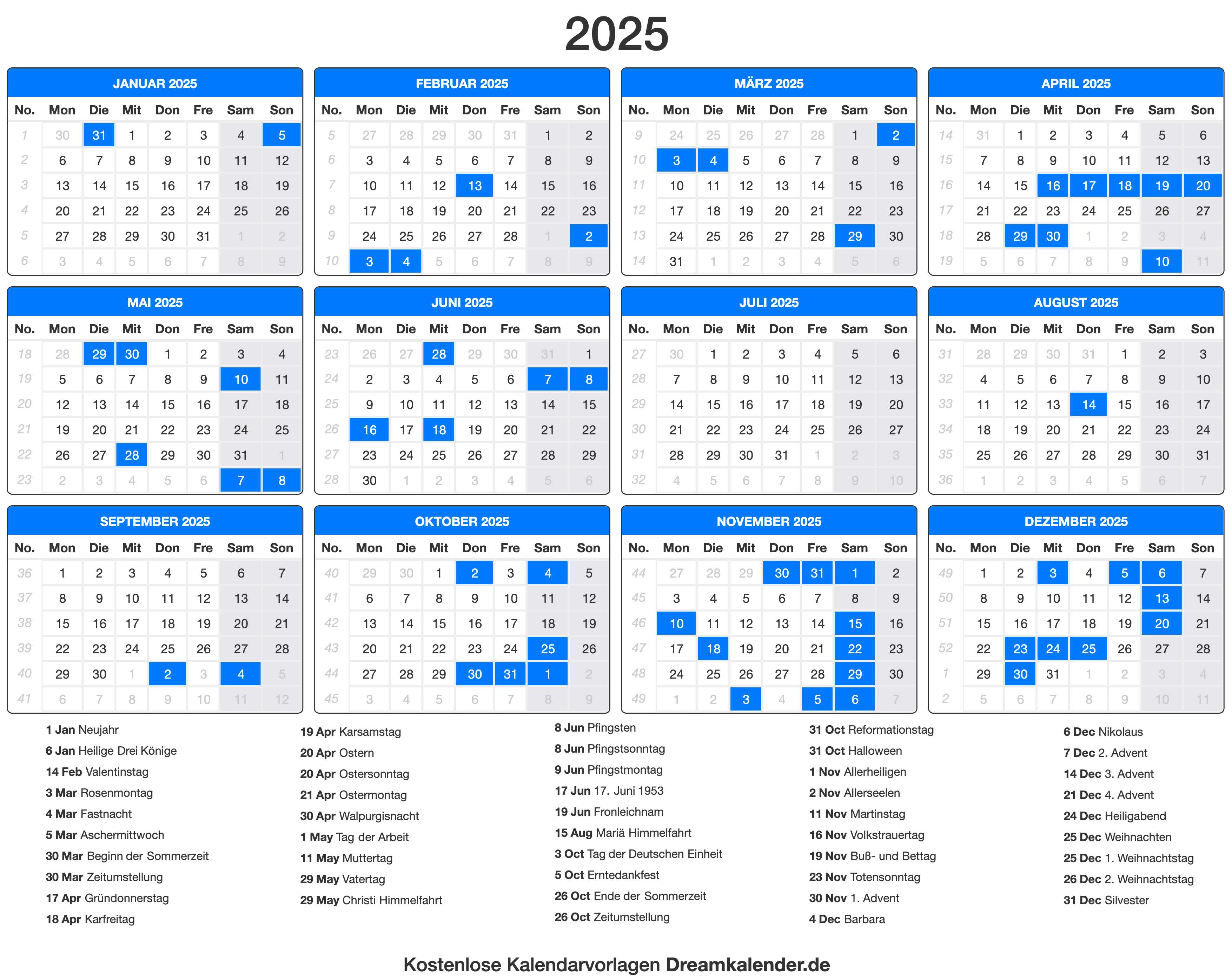 Druckbare Kalender 2025  Dream Kalender 