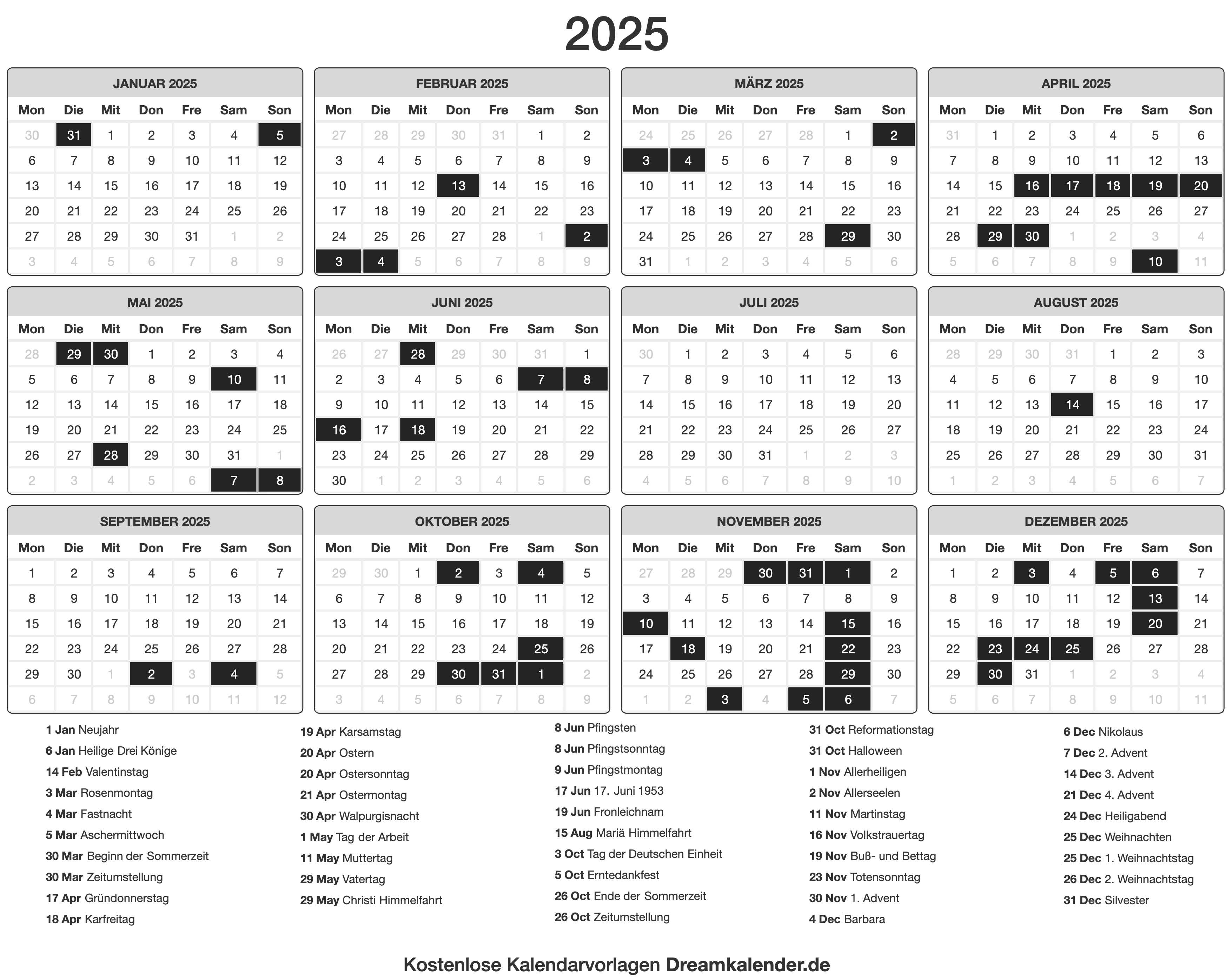 Druckbare Kalender 2025  Dream Kalender 