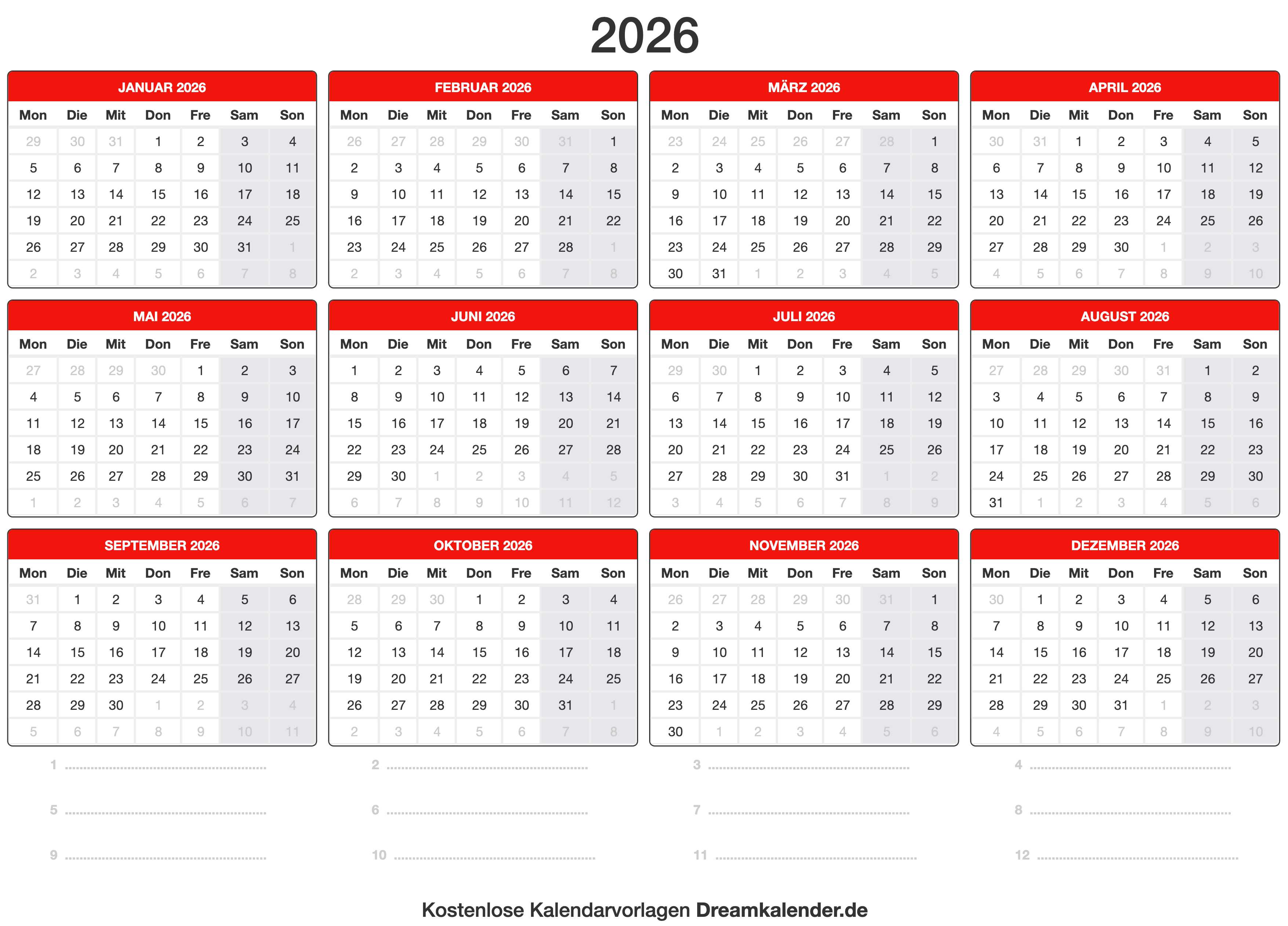 Kalender 2026 Vorlage 