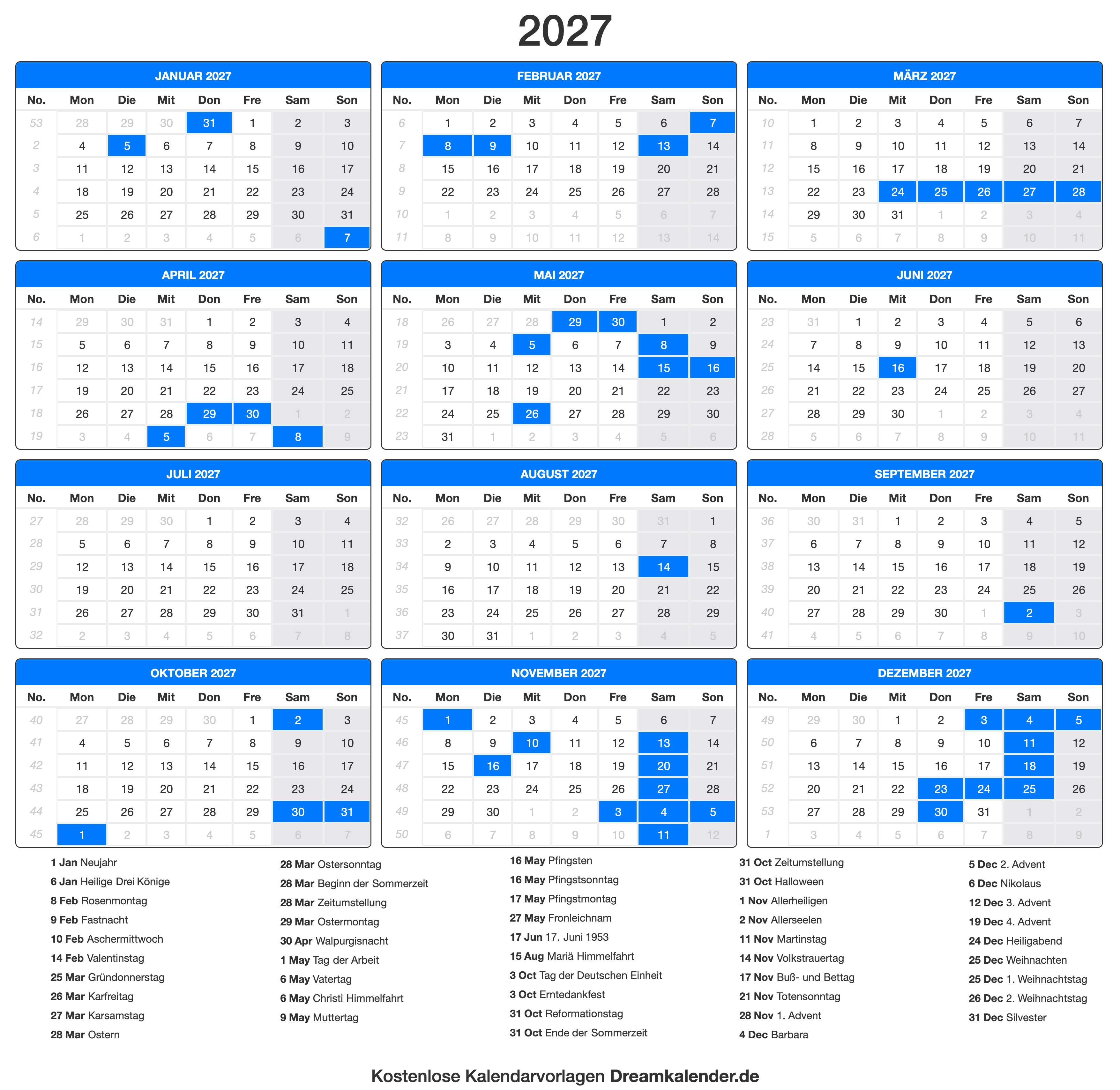 Druckbare Kalender  2027 Dream Kalender 